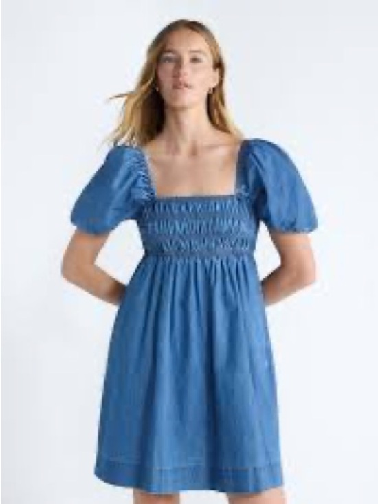 Free Assembly Dresses & Skirts - Smocked Square-Neck Mini Dress in denim with puff sleeves and pockets